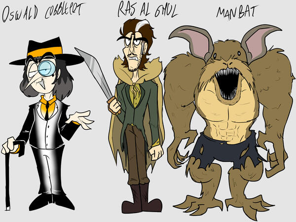 personal redesigns of batman villans Penguin, Ras Al Ghul, and ManBat