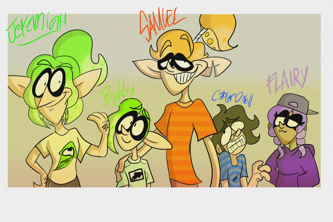 The cast of characters of my Splatoon AU, where the humans survived instead of Judd